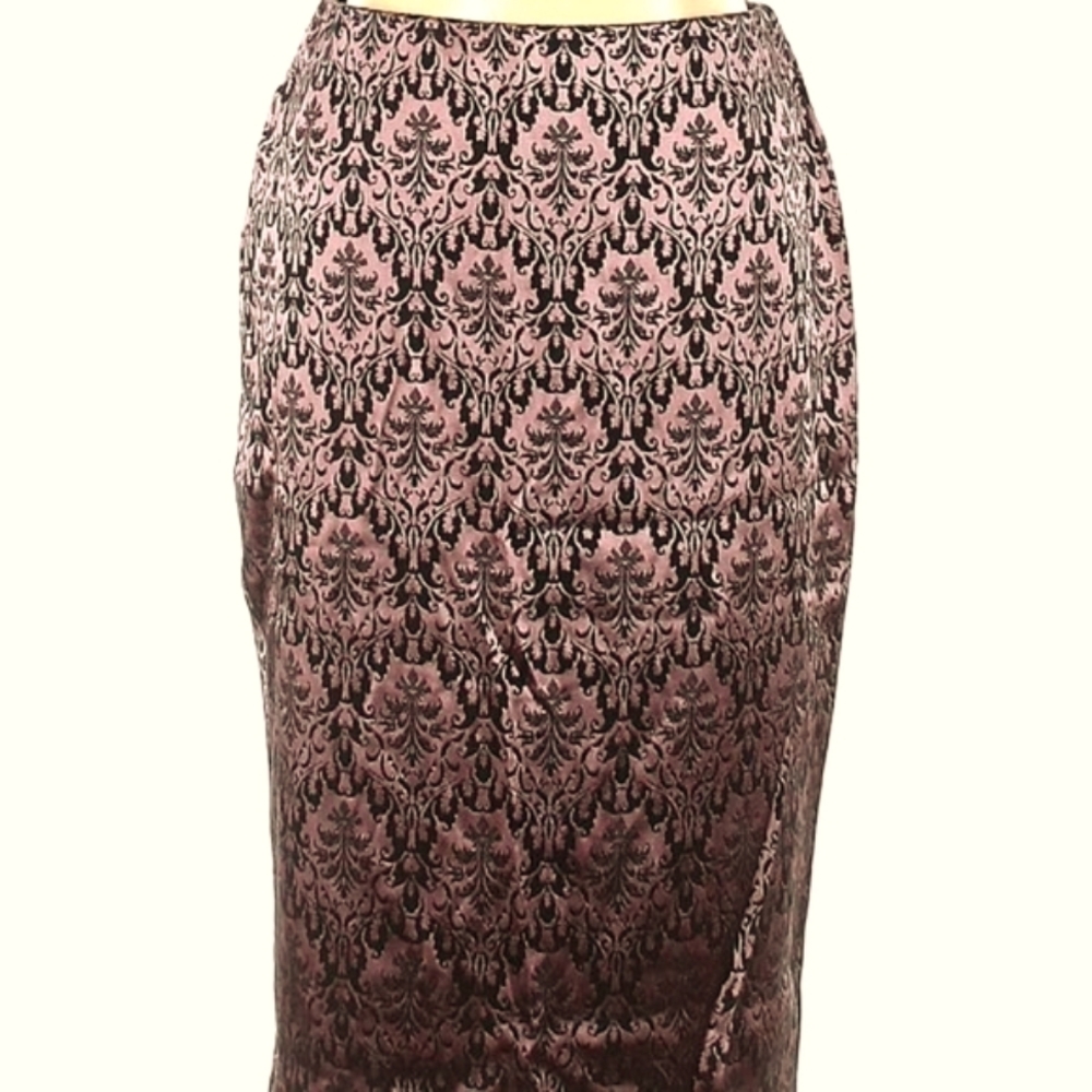 🩷🖤🩷 Glamorous Pink & Black Satin Damask Print Pencil Skirt - L